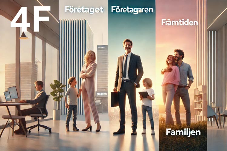Fyra bilder bredvid varandra som representerar de fyra f:en; företaget, företagaren, familjen och framtiden