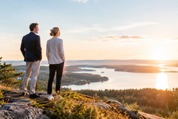 En man och en kvinna står och tittar ut på solnedgången